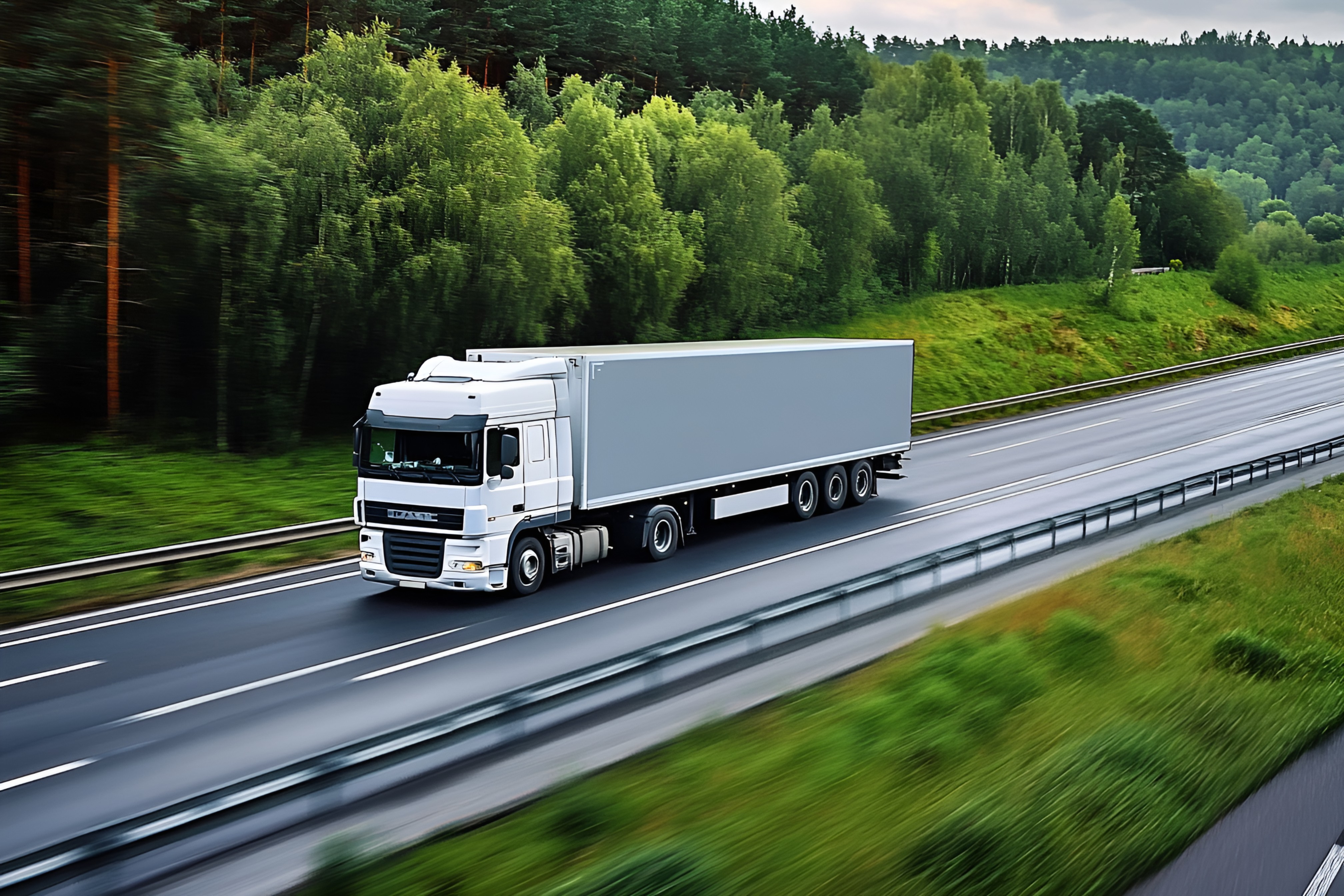 高清照片,現(xiàn)代寫實(shí)風(fēng)格,自然風(fēng)光設(shè)計(jì),綠色為主色調(diào),白色和灰色點(diǎn)綴。一輛白色卡車在高速公路上行駛,車頭朝向左側(cè),車尾朝向右側(cè)。卡車的車身是白色的,車頂和車尾部分是灰色的。車輪是黑色的,車頭前方有一個(gè)黑(僅供交流學(xué)習(xí)非商用).png 高清照片,現(xiàn)代寫實(shí)風(fēng)格,自然風(fēng)光設(shè)計(jì),綠色為主色調(diào),白色和灰色點(diǎn)綴。一輛白色卡車在高速公路上行駛,車頭朝向左側(cè),車尾朝向右側(cè)。卡車的車身是白色的,車頂和車尾部分是灰色的。車輪是黑色的,車頭前方有一個(gè)黑(僅供交流學(xué)習(xí)非商用).png
